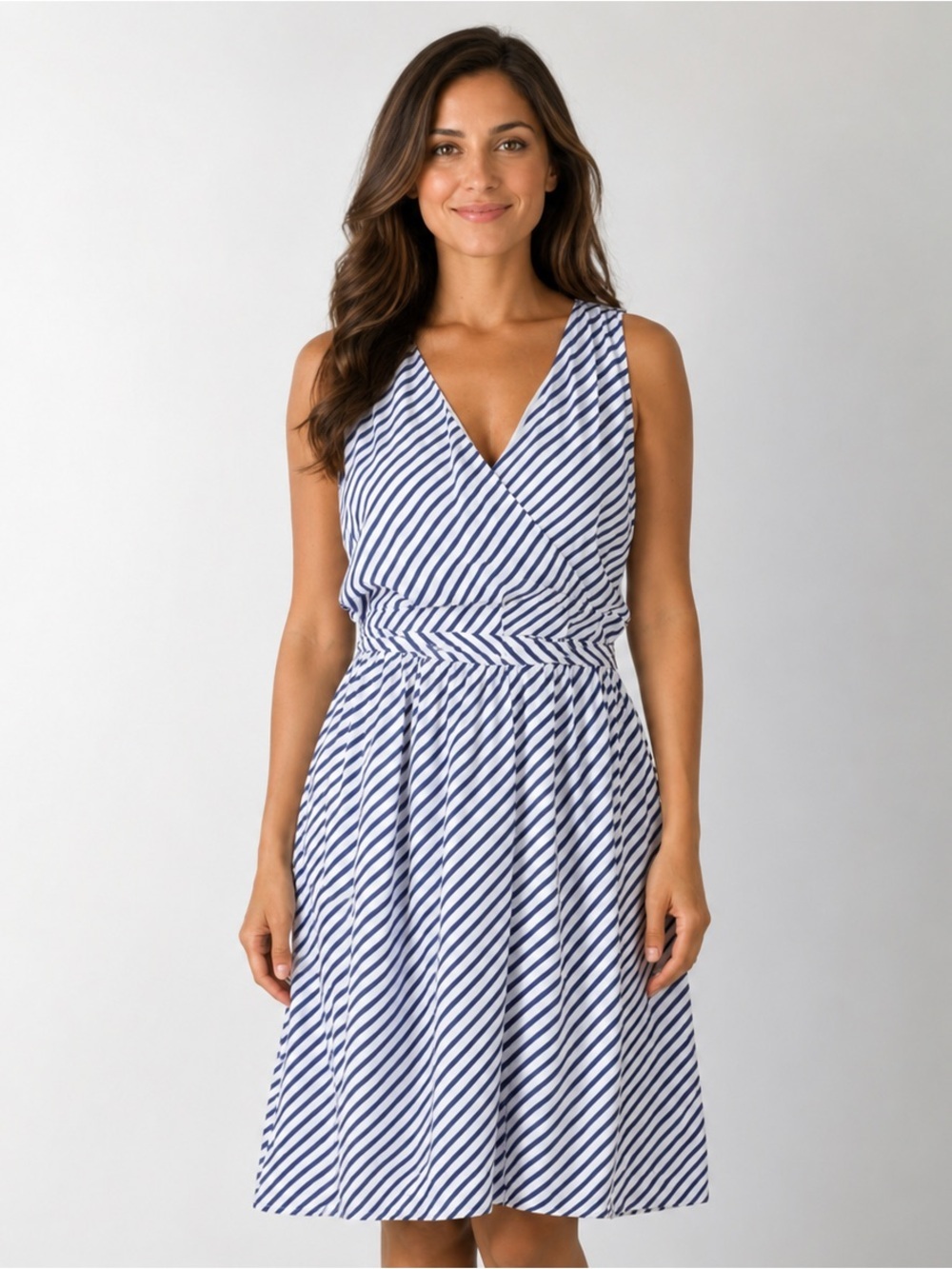 Ann Taylor LOFT Striped Wrap Dress Blue White Chiffon Belted Nautical size 4
